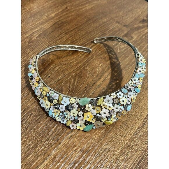 Exquisite 925 Silver Floral Stones Open Collar Necklace - Picture 3 of 9